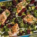 Garlic Butter-Roasted Salmon with Beets & Broccoli