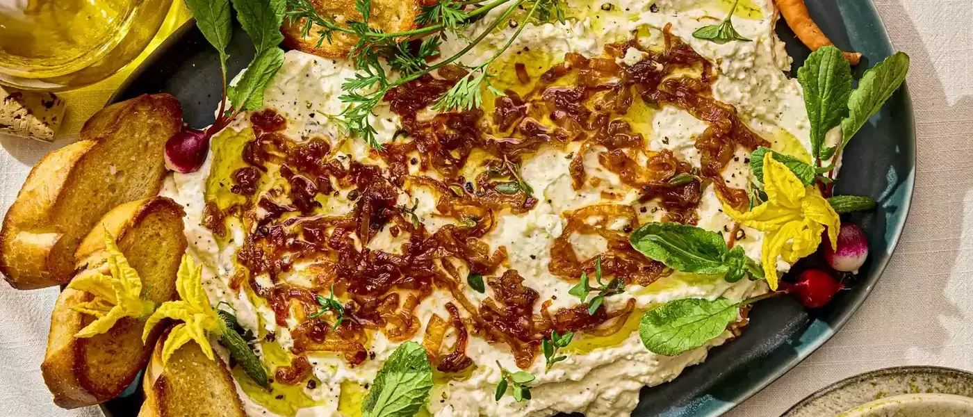 Velvety Ricotta Dip with Sweet Caramelized Shallots and Herbs