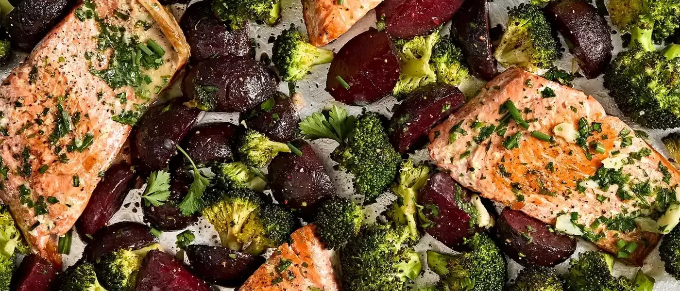 Garlic Butter-Roasted Salmon with Beets & Broccoli