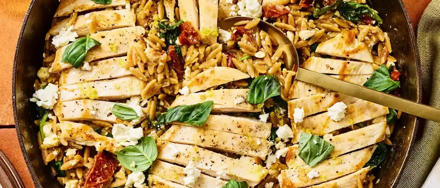 Delectable One-Pan Chicken, Spinach & Sun-Dried Tomato Orzo