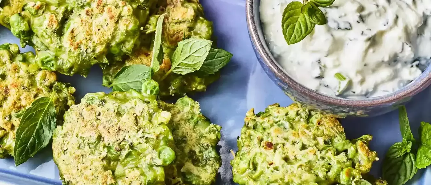 Spring Pea and Feta Fritters with Creamy Yogurt Dip
