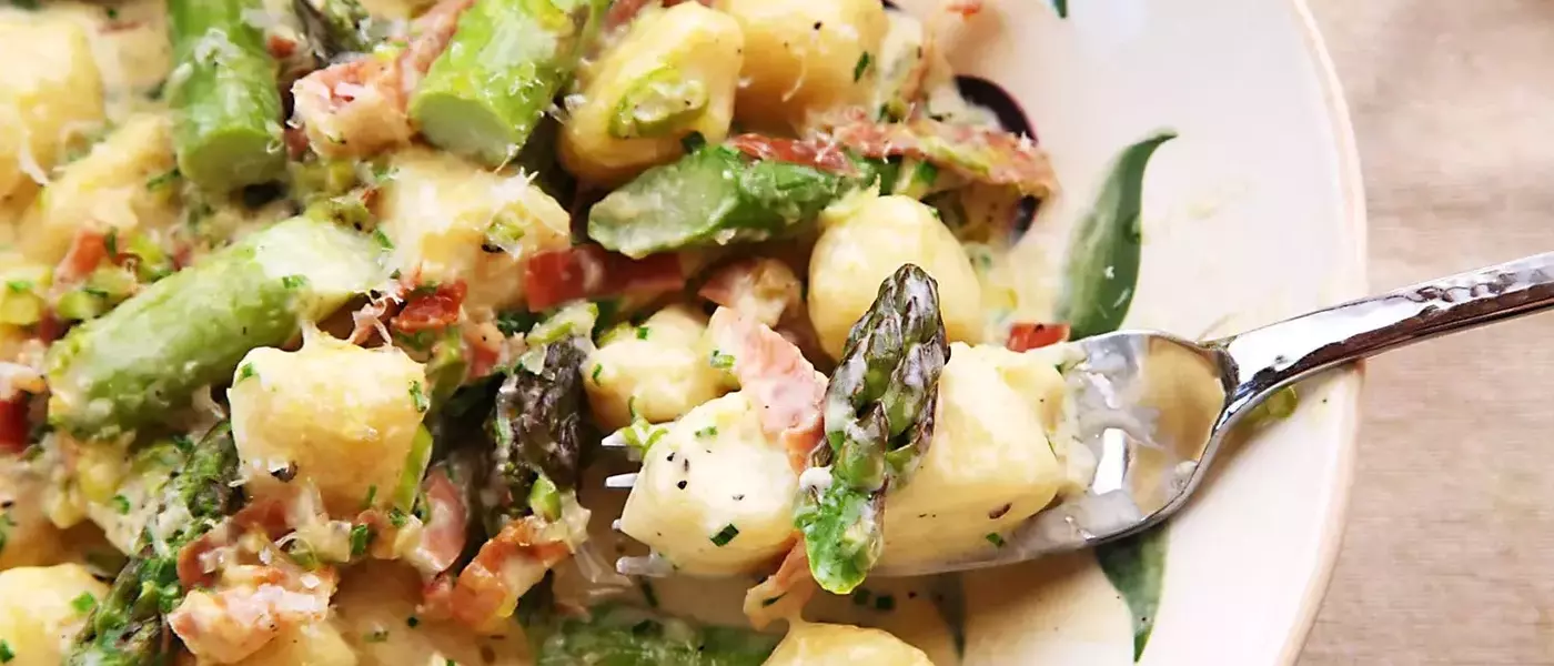 Rapid Ricotta Gnocchi with Spring Asparagus and Prosciutto Cream