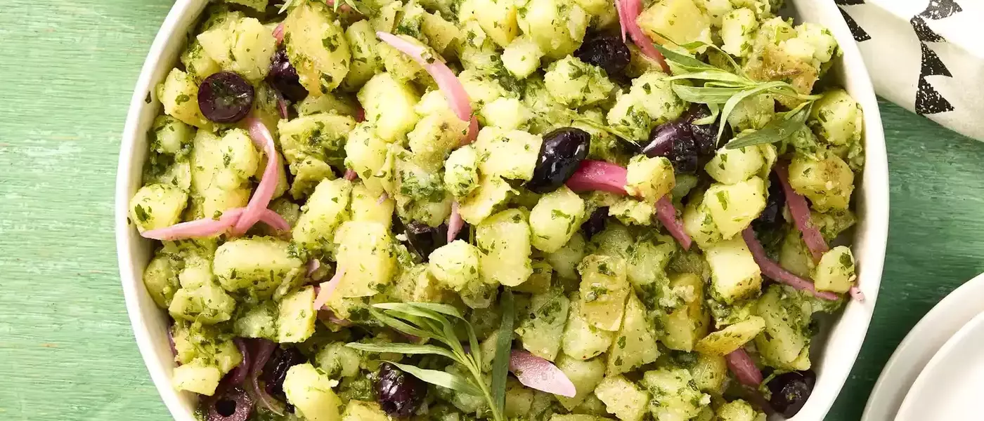 Yukon Gold Potato Salad with Tarragon Pesto and Pickled Onions
