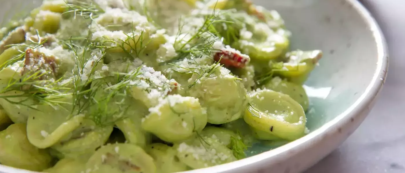 Creamy Orecchiette with Spring Onions, Fennel, and Crispy Bacon