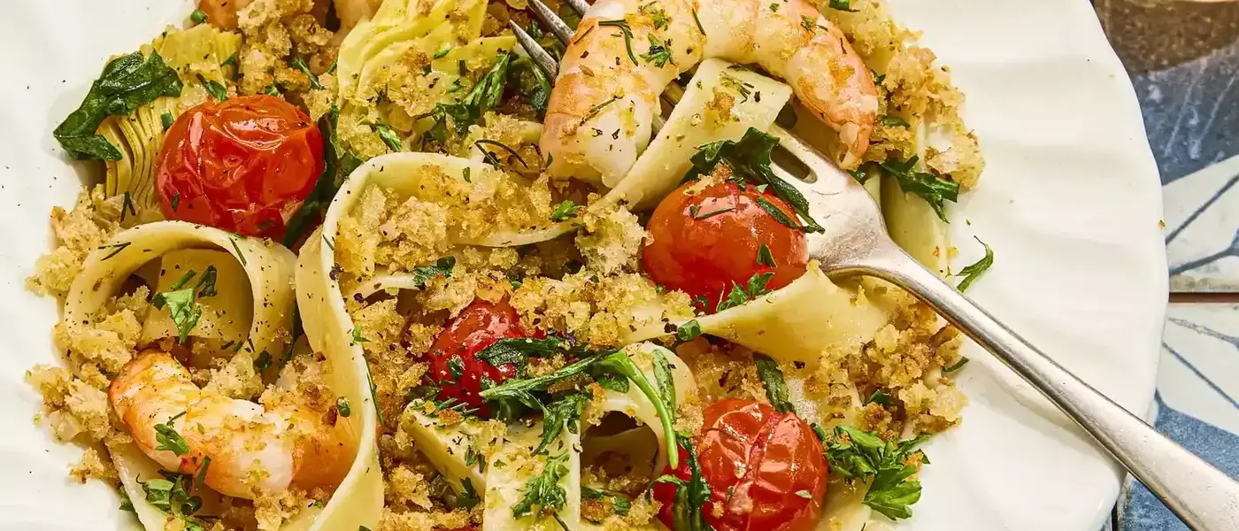 Mediterranean-Inspired Shrimp Pasta with Crispy Topping