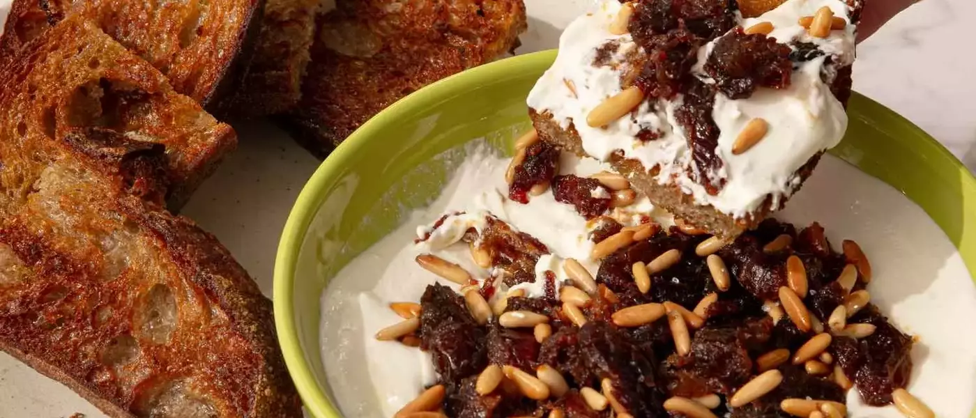 Creamy Feta Dip with Caramelized Dates and Toasted Pine Nuts